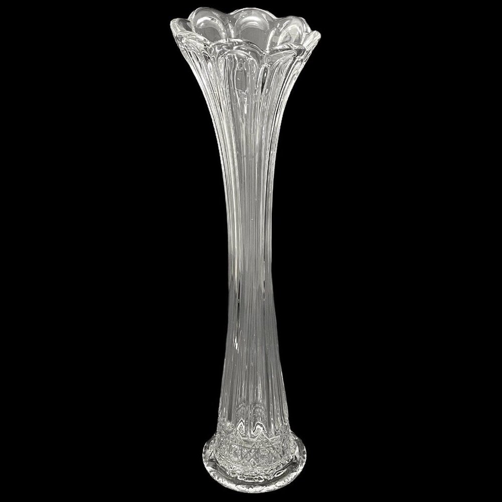 Antique 1880s Bryce Higbee Vase Cut Log Ethol Swung Stretched Glass Scalloped